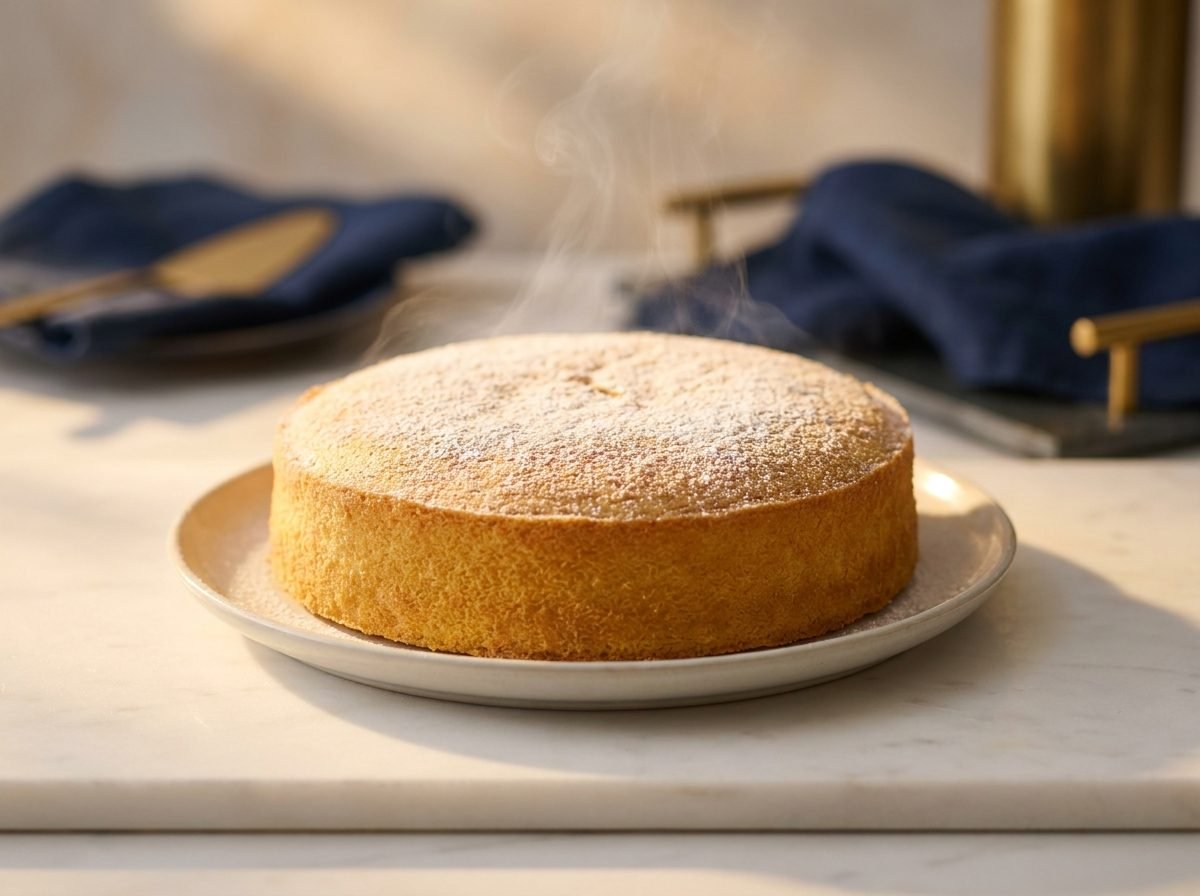 A freshly baked golden cake with rising steam