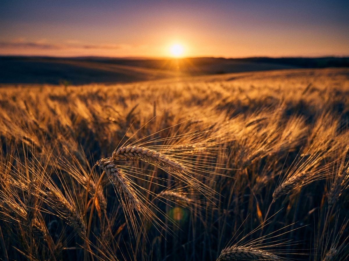 Ripe golden wheat field at golden hour