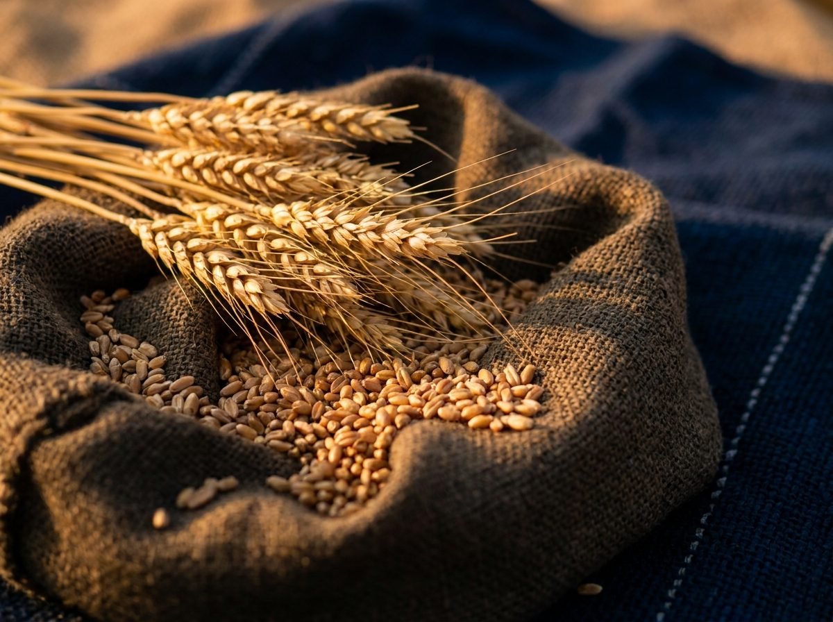 Freshly harvested wheat ears and grain on burlap